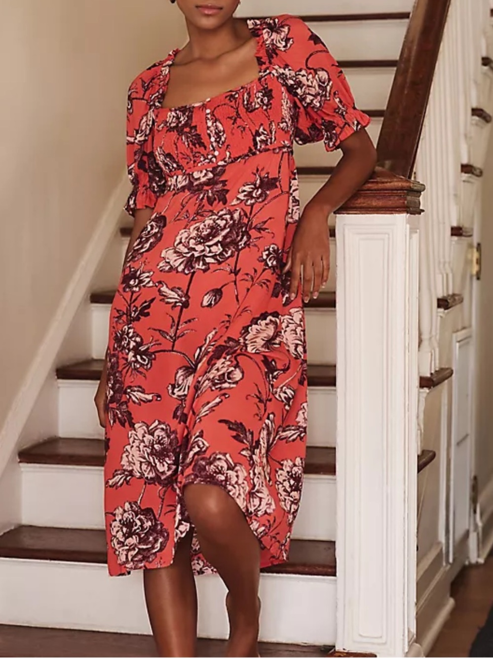 Anthropologie Puff-Sleeve Coral Floral Smocked Midi Dress with Purple Print
